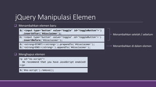 jQuery Manipulasi Elemen
 Menambahkan elemen baru
 Menghapus elemen
Menambahkan setelah / sebelum
Menambahkan di dalam elemen
 