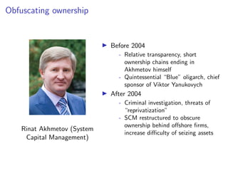 Obfuscating ownership
Rinat Akhmetov (System
Capital Management)
I Before 2004
- Relative transparency, short
ownership chains ending in
Akhmetov himself
- Quintessential “Blue” oligarch, chief
sponsor of Viktor Yanukovych
I After 2004
- Criminal investigation, threats of
“reprivatization”
- SCM restructured to obscure
ownership behind o↵shore ﬁrms,
increase di culty of seizing assets
 