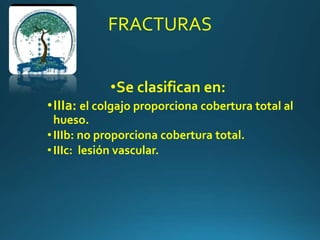 FRACTURAS
•Se clasifican en:
•IIIa: el colgajo proporciona cobertura total al
hueso.
•IIIb: no proporciona cobertura total.
•IIIc: lesión vascular.
 