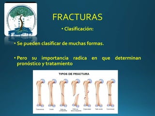 FRACTURAS
• Clasificación:
• Se pueden clasificar de muchas formas.
• Pero su importancia radica en que determinan
pronóstico y tratamiento
 
