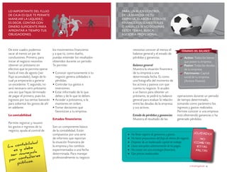 lo importante del flujo
de caja es que te permite
manejar la liquidez;
es decir, contar con
dinero suficiente para
afrontar a tiempo tus
obligaciones.

De este cuadro podemos
sacar al menos un par de
conclusiones. Primero, para
iniciar el negocio necesitas
obtener un préstamo en
efectivo que te permita operar
hasta el mes de agosto (ver
flujo acumulado), luego de lo
cual ya empezarás a generar
un excedente. Y, segundo, no
será necesario otro préstamo
una vez que hayas terminado
de pagar el primero, pues los
ingresos por tus ventas bastarán
para solventar los gastos de ahí
en adelante.

8

2

9

los movimientos financieros
y a que tú, como dueño,
puedas entender los resultados
obtenidos durante un periodo.
Te permite:
•	Conocer oportunamente si tu
negocio genera utilidades o
pérdidas.
•	Controlar tus gastos e
inversiones.
•	Estar informado de lo que
debes y de lo que te deben.
•	Acceder a préstamos, si la
mantienes en orden.
• Tomar decisiones que
favorezcan a tu empresa.

La contabilidad
Estados financieros
Permite registrar y resumir
los gastos e ingresos de tu
negocio, ayuda al control de

tabilidad
La con ebe
es y d da
neja
se r m a
s
ntadore
por co os.
públic
16 crecemype.pe

1

Son un componente básico
de la contabilidad. Están
compuestos por una serie
de informes que reportan
la situación financiera de
la empresa y los cambios
experimentados a una fecha
determinada. Para manejar
profesionalmente tu negocio

Para un buen control
de la marcha de tu
empresa, elabora estados
financieros semestrales
o anuales. Si no dominas
estos temas, busca
asesoría profesional.

necesitas conocer al menos el
balance general y el estado de
pérdidas y ganancias.
Balance general
Muestra la situación financiera
de tu empresa a una
determinada fecha. Es como
una fotografía del momento de
los activos y pasivos con que
cuenta tu negocio. Si acudes
a un banco para obtener un
préstamo, te pedirá tu balance
general para evaluar la relación
entre las deudas de la empresa
y sus activos.
Estado de pérdidas y ganancias
Muestra el resultado de las

Términos del balance

Activo: Todos los bienes
que posee tu empresa.
Pasivo: Todas las deudas
de tu empresa.
Patrimonio: Capital
social de tu empresa
(Activos-Pasivos).

operaciones durante un periodo
de tiempo determinado,
tomando como parámetro los
ingresos y gastos realizados.
Permite conocer si una empresa
está obteniendo ganancias o ha
generado pérdidas.

d	 llevar registro de ganancias y gastos.
No
d	 hacer proyecciones del flujo de dinero del negocio.
No
d	 Disponer de un inadecuado capital de trabajo.
d	
Llevar una pobre administración de los pagos.
d	 contar con una estrategia financiera.
No
d	
Fijar precios inadecuados.

¡Cuidado
!
No
cometas
estas
faltas

crecemype.pe 17

 