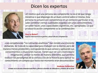 Dicen los expertos 
«El motivo que una persona sea competente no es el de que tenga 
iniciativa o que disponga de un buen control sobre sí misma. Esta 
persona no actuará con competencia en un contexto particular si no 
sabe combinar ciertas cualidades exigidas con unos conocimientos, 
un saber hacer, unas capacidades cognitivas, etc. apropiadas. Lo que 
produce la acción competente es la combinación» 
Guy Le Boterf 
Experto internacional en gestión y desarrollo de competencias 
«Las competencias “no rutinarias analíticas” han tenido una creciente 
demanda. Se trata de la capacidad para trabajar con la mente, pero de 
manera menos predecible y extrapolando lo que conoce y aplicando sus 
conocimientos a situaciones nuevas. Tienen que ver con creatividad e 
imaginación, utilizar la mente de manera diferente, que permita 
traducir los paradigmas de la ciencia a los de la historia para aplicar su 
conocimiento en campos que hasta ese momento eran desconocidos» 
Andreas Schleicher 
Creador de la prueba estandarizada PISA y jefe de la División de Indicadores y Análisis de la OCDE 
 