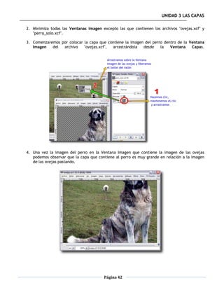 UNIDAD 3 LAS CAPAS

2. Minimiza todas las Ventanas imagen excepto las que contienen los archivos "ovejas.xcf" y
   "perro_solo.xcf".

3. Comenzaremos por colocar la capa que contiene la imagen del perro dentro de la Ventana
   Imagen   del  archivo    "ovejas.xcf", arrastrándola   desde    la   Ventana    Capas.




4. Una vez la imagen del perro en la Ventana Imagen que contiene la imagen de las ovejas
   podemos observar que la capa que contiene al perro es muy grande en relación a la imagen
   de las ovejas pastando.




                                       Página 42
 