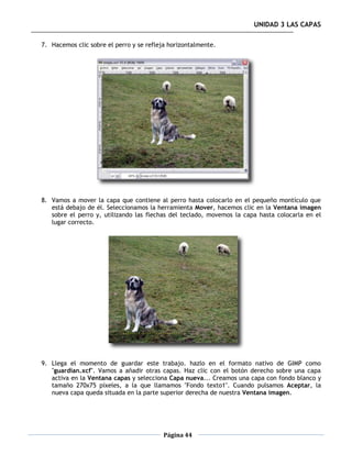 UNIDAD 3 LAS CAPAS

7. Hacemos clic sobre el perro y se refleja horizontalmente.




8. Vamos a mover la capa que contiene al perro hasta colocarlo en el pequeño montículo que
   está debajo de él. Seleccionamos la herramienta Mover, hacemos clic en la Ventana imagen
   sobre el perro y, utilizando las flechas del teclado, movemos la capa hasta colocarla en el
   lugar correcto.




9. Llega el momento de guardar este trabajo. hazlo en el formato nativo de GIMP como
   "guardian.xcf". Vamos a añadir otras capas. Haz clic con el botón derecho sobre una capa
   activa en la Ventana capas y selecciona Capa nueva... Creamos una capa con fondo blanco y
   tamaño 270x75 píxeles, a la que llamamos "Fondo texto1". Cuando pulsamos Aceptar, la
   nueva capa queda situada en la parte superior derecha de nuestra Ventana imagen.




                                          Página 44
 