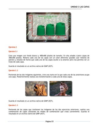 UNIDAD 3 LAS CAPAS




Ejercicios 3

Ejercicio 3.1

Crea una imagen con fondo blanco y 400x400 píxeles de tamaño. En ella añades cuatro capas de
300x300 píxeles. Rellena cada una de las capas con un color diferente (puedes usar rellenos de
patrón) y sitúalas de forma que cada una de las capas oculte a la anterior pero nos permita ver un
trozo de cada capa.

Guarda el resultado en un archivo nativo de GIMP (XCF).

Ejercicio 3. 2

Partiendo de las dos imágenes siguientes, crea una nueva en la que cada una de las anteriores ocupe
una capa. Posteriormente realiza una transformación a cada una de estas capas.




Guarda el resultado en un archivo nativo de GIMP (XCF).

Ejercicio 3. 3

Partiendo de las capas que contienen las imágenes de los dos ejercicios anteriores, realiza una
combinación de capas utilizando los modos de combinación que creas conveniente. Guarda el
resultado en un archivo nativo de GIMP (XCF).



                                             Página 55
 