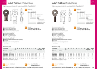 igubal®
rod ends

igubal® Rod Ends | Product Range

igubal® Rod Ends | Product Range

High temperature rod ends with female thread: EBRM-HT and EBLM-HT

High temperature rod ends with male thread: EARM-HT and EALM-HT

B
d2

B

Order key

C1

Order key

C1

d2

EA…M-05-HT

W

	 For temperatures up to +200 °C
	 Maintenance-free, self-lubricating
	 High strength under impact loads
	 Very high tensile strength for varying loads
	 Compensation of misalignment
	 Compensation of edge loads
	 Insensitive to dirt, dust and lint
	 Corrosion- and chemical-resistant
(Chemical table page 1258 )
	 For underwater applications
	 Suitable for rotating, oscillating and linear movements
	 Light weight
	 Dimensional series E according to standard
DIN ISO 12240

I2
h1

d3

	 For temperatures up to +200 °C
	 Maintenance-free, self-lubricating
	 High strength under impact loads
	 Very high tensile strength for varying loads
	 Compensation of misalignment
	 Compensation of edge loads
	 Insensitive to dirt, dust and lint
	 Corrosion- and chemical-resistant
(Chemical table page 1258 )
	 For underwater applications
	 Suitable for rotating, oscillating and linear movements
	 Light weight
	 Dimensional series E according to standard
DIN ISO 12240

Material:
Housing: iguton G page 1267
Spherical ball: iglidur® X page 821

Dimensions [mm]
Part number

High Temperature
Dimension
Metric
Thread
L = left-hand thread
R = right-hand thread
Housing (male thread)
Dimensional series E

I1

l1

h1

l2

High Temperature
Dimension
Metric
Thread
L = left-hand thread
R = right-hand thread
Housing (female thread)
Dimensional series E

d3
d5

d1

d1

EB…M-05-HT

d4

igubal®
rod ends

Material:
Housing: iguton G page 1267
Spherical ball: iglidur® X page 821

Dimensions [mm]
d1

d2

d3

d4

d5

C1

B

h1

l1

l2

W

E10

Max.
Weight
pivot angle
[g]

Part number

d1

d2

d3

C1

B

h1

l1

l2

19
21
24
29
34

M05
M06
M08
M10
M12

4.4
4.4
6.0
7.0
8.0

6
6
8
9
10

36.0
36.0
41.0
47.5
54.0

20
20
24
27
29

45.5
46.5
53.0
62.0
71.0

E10

Right-hand

Left-hand

Right-hand

Left-hand

thread

thread

thread

thread

EARM-05-HT
EARM-06-HT
EARM-08-HT
EARM-10-HT
EARM-12-HT

EALM-05-HT
EALM-06-HT
EALM-08-HT
EALM-10-HT
EALM-12-HT

Max.
Weight
pivot angle
[g]

EBRM-05-HT EBLM-05-HT

5

19

M05 9.0

11

4.4

6

30

12 39.5 SW09

33°

3.8

EBRM-06-HT
EBRM-08-HT
EBRM-10-HT
EBRM-12-HT

6
8
10
12

21
24
29
34

M06
M08
M10
M12

13
16
19
22

4.4
6.0
7.0
8.0

6
8
9
10

30
36
43
50

12
16
18
20

27°
24°
24°
21°

5.0
8.5
13.7
21.4

EBLM-06-HT
EBLM-08-HT
EBLM-10-HT
EBLM-12 HT

11.0
13.0
15.0
18.0

40.5
48.0
57.5
67.0

SW11
SW14
SW17
SW19

Other dimensions available on request

delivery from stock
time

5
6
8
10
12

33°
27°
24°
24°
21°

2.8
3.4
6.1
10.2
15.7

Other dimensions available on request

prices price list online

734 Lifetime calculation, CAD files and much more support

www.igus.eu/eu/ebrm-ht

www.igus.eu/eu/rod-end

delivery from stock
time

prices price list online
www.igus.eu/eu/earm-ht

igus® GmbH Germany  |  Phone +49 2203 9649-145 Fax -334  |  info@igus.de  |  www.igus.eu

735

 