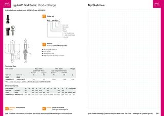 igubal®
rod ends

igubal® Rod Ends | Product Range

My Sketches

igubal®
rod ends

In-line ball and socket joint: AGRM LC and AGLM LC

Order key

AG...M-06 LC
Low-cost
Dimension
Metric
Thread
L = left-hand thread
R = right-hand thread
In-line ball
S1

d4

d2

page 1267

b

a

e

Material:
Housing: igumid G

h3

	 Housing with ball stud
	 Low weight
	Maintenance-free
	 Ball stud made of plastic or metal*

l2

l3

l1

ød1

S2

d2

Technical Data
Part number

Max. static
axial tensile force

Max. static
axial compressive force

Weight

Short term

thread

AGLM-06 LC

[N]

[N]

[N]

[g]

50

2,000

1,000

10.8

thread

AGRM-06 LC

Long term

100

Left-hand

Short term

[N]

Right-hand

Long term

* For a metal stud please add the suffix MS. Example: AGRM-06 LC MS

Dimensions [mm]
Part number

d4

l1

l2

Right-hand

Left-hand

+0.1

d1

+0.5

+0.2

+0.3

thread

thread

–0.1

–0.5

–0.2

–0.3

AGRM-06 LC AGLM-06 LC 10.0

delivery from stock
time

d2

M6

l3
Min.

a

b

+0.5

h3

S1

S2

+0.3

+0.5

–0.5

–0.3

–0.5

e

Pivot angle

Min. Recom. Max.

14.8 11.0 11.25 7.25 47.25 SW9 10.0 25.0 29.9 13.0

18°

25°

prices price list online

746 Lifetime calculation, CAD files and much more support

www.igus.eu/eu/agrm-lc

www.igus.eu/eu/rod-end

igus® GmbH Germany  |  Phone +49 2203 9649-145 Fax -334  |  info@igus.de  |  www.igus.eu

747

 