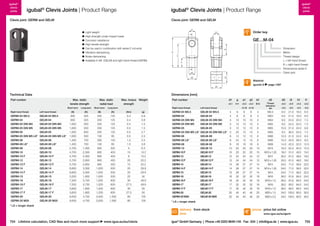 igubal® Clevis Joints | Product Range

igubal®
clevis
joints

igubal® Clevis Joints | Product Range
Clevis joint: GERM and GELM
d1

Order key

b1

GE…M-04
g

Dimension
Metric
Thread design
L = left-hand thread
R = right-hand thread
Dimensional series E
Clevis joint

I1

	 Light weight
	 High strength under impact loads
	 Corrosion resistance
	 High tensile strength
	 Can be used in combination with series E rod ends
	Vibration-dampening
	Noise-dampening
	 Available in left- (GELM) and right-hand-thread (GERM)

h1

Clevis joint: GERM and GELM

I2

igubal®
clevis
joints

a1

d2
d3

Material:
igumid G

a2

Technical Data

page 1267

Dimensions [mm]

Part number

Max. static
tensile strength

Max. static
radial load

Max. torque
strength

Weight

Part number

d1
+0.1

h11

Left-hand thread

GERM-04 M3.5
GERM-04
GERM-05 DIN M4
GERM-05 DIN M5
GERM-05
GERM-05 DIN M5 LS*
GERM-06
GERM-06 LS*
GERM-08
GERM-10
GERM-10 F
GERM-12
GERM-12 F
GERM-14
GERM-14 F
GERM-15
GERM-16
GERM-16 F
GERM-17
GERM-17 F
GERM-20
GERM-20 M20

GELM-04 M3.5
GELM-04
GELM-05 DIN M4
GELM-05 DIN M5
GELM-05
GELM-05 DIN M5 LS*
GELM-06
GELM-06 LS*
GELM-08
GELM-10
GELM-10 F
GELM-12
GELM-12 F
GELM-14
GELM-14 F
GELM-15
GELM-16
GELM-16 F
GELM-17
GELM-17 F
GELM-20
GELM-20 M20

Left-hand thread

a1
+0.3

a2
+0.3

b1

d2

d3

I2

h1

I1

B13

Thread
tolerance
6H

+0.3

+0.5

+0.3

+0.2

–0.3

–0.5

–0.3

–0.2

Short term
Right-hand thread

Right-hand thread

g

Long term

Short term

Long term

[N]

[N]

[N]

[N]

[Nm]

[g]

–0.16 –0.16

GERM-04 M3.5

GELM-04 M3.5

4

8

8

8

4

M3.5

8.0

21.0 16.0

6.0

650
650
1,000

325
325
500

250
250
250

125
125
125

0.4
0.4
0.4

0.9
0.9
1.5

1,000
1,200
1,000
1,400
1,400
2,700
4,700
4,700
5,700
5,700
6,600
6,600
3,200
7,500
7,500
3,600
3,600
9,500
9,500

500
600
500
700
700
1,350
2,350
2,350
2,850
2,850
3,300
3,300
1,600
3,750
3,750
1,800
1,800
4,750
4,750

250
250
130
300
130
650
800
800
900
900
1,000
1,000
1,000
1,200
1,200
1,200
1,200
3,000
3,000

125
125
65
150
65
325
400
400
450
450
500
500
500
600
600
600
600
1,500
1,500

0.5
0.5
0.5
1.5
1.5
5
15
6
20
15
25
20
25
30
27.5
30
27.5
60
80

1.5
2.7
2.3
2.5
3.6
6.3
13.2
13.2
20.2
20.2
29.9
29.9
30
49.9
49.9
50
50
105
105

GERM-04
GERM-05 DIN M4
GERM-05 DIN M5
GERM-05
GERM-05 DIN M5 LS*
GERM-06
GERM-06 LS*
GERM-08
GERM-10
GERM-10 F
GERM-12
GERM-12 F
GERM-14
GERM-14 F
GERM-15
GERM-16
GERM-16 F
GERM-17
GERM-17 F
GERM-20
GERM-20 M20

GELM-04
GELM-05 DIN M4
GELM-05 DIN M5
GELM-05
GELM-05 DIN M5 LS*
GELM-06
GELM-06 LS*
GELM-08
GELM-10
GELM-10 F
GELM-12
GELM-12 F
GELM-14
GELM-14 F
GELM-15
GELM-16
GELM-16 F
GELM-17
GELM-17 F
GELM-20
GELM-20 M20

4
5
5
5
5

8
10
10
12
20

8
10
10
12
10

8
10
10
12
10

4
5
5
6
5

M04
M04
M05
M05
M05

8.0
9.0
9.0
10.0
9.0

21.0
24.5
24.5
31.0
36.0

16.0
20.0
20.0
24.0
30.0

6.0
7.5
7.5
9.0
7.5

6
6
8
10
10
12
12
14
14
15
16
16
17
17
20
20

12
24
16
20
20
24
24
28
28
28
32
32
32
32
40
40

12
12
16
20
20
24
24
27
27
27
32
32
32
32
40
40

12
12
16
20
20
24
24
27
27
27
32
32
32
32
40
40

6
6
8
10
10
12
12
14
14
14
16
16
16
16
20
20

M06
M06
M08
M10
M10 x 1.25
M12
M12 x 1.25
M14
M14 x 1.25
M14
M16
M16 x 1.5
M16
M16 x 1.5
M20 x 1.5
M20 x 2.5

10.0
10.0
14.0
18.0
18.0
20.0
20.0
24.0
24.0
24.0
26.0
26.0
26.0
26.0
34.0
34.0

31.0
43.0
42.0
52.0
51.3
61.3
61.3
71.3
71.3
71.3
81.9
81.9
83.0
83.0
105.0
105.0

24.0
36.0
32.0
40.0
40.0
48.0
48.0
56.0
56.0
56.0
64.0
64.0
64.0
64.0
80.0
80.0

9.0
9.0
12.0
15.0
15.0
18.0
18.0
22.5
22.5
22.5
24.0
24.0
24.0
24.0
30.0
30.0

* LS = longer shank

* LS = longer shank

delivery from stock
time
754 Lifetime calculation, CAD files and much more support

www.igus.eu/eu/clevis

prices price list online
www.igus.eu/eu/germ

igus® GmbH Germany  |  Phone +49 2203 9649-145 Fax -334  |  info@igus.de  |  www.igus.eu

755

 
