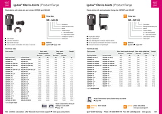 igubal®
clevis
joints

igubal® Clevis Joints | Product Range

igubal®
clevis
joints

igubal® Clevis Joints | Product Range

Clevis joints with clevis pin and circlip: GERMK and GELMK

Clevis joints with spring-loaded fixing clip: GERMF and GELMF

Order key

Order key

GE…MK-04

GE…MF-04
Dimension
Clevis pin and circlip
Metric
Thread design
L = left-hand thread
R = right-hand thread
Dimensional series E
Clevis joint

	 Light weight
	 Corrosion resistance
	 High tensile strength
	 Can be used in combination with series E rod ends

Material:
igumid G

page 1267

Technical Data

Dimension
Spring-loaded fixing clip
Metric
Thread design
L = left-hand thread
R = right-hand thread
Dimensional series E
Clevis joint

	 Single piece design
	 Easy to assemble
	 Easy assembly also in hard to reach locations
	 Can be used in combination with series E rod ends
	Corrosion-resistant and lightweight

Material:
igumid G

page 1267

Technical Data

Part number

Max. static
tensile strength

Max. static
radial load

Weight

Left-hand thread

GERMK-04 M3.5
GERMK-04
GERMK-05 DIN M4
GERMK-05 DIN M5
GERMK-05
GERMK-05 DIN M5 LS*
GERMK-06
GERMK-06 LS*
GERMK-08
GERMK-10
GERMK-10 F
GERMK-12
GERMK-12 F
GERMK-14
GERMK-15
GERMK-16
GERMK-16 F
GERMK-17
GERMK-17 F
GERMK-20
GERMK-20 M20

GELMK-04 M3.5
GELMK-04
GELMK-05 DIN M4
GELMK-05 DIN M5
GELMK-05
GELMK-05 DIN M5 LS*
GELMK-06
GELMK-06 LS*
GELMK-08
GELMK-10
GELMK-10 F
GELMK-12
GELMK-12 F
GELMK-14
GELMK-15
GELMK-16
GELMK-16 F
GELMK-17
GELMK-17 F
GELMK-20
GELMK-20 M20

Right-hand thread

Long term

Short term

Long term

[N]

[N]

[N]

[N]

[g]

500
500
800

250
250
400

250
250
250

125
125
125

1.3
1.3
2.1

800
900
800
1,300
1,300
2,100
3,000
3,000
3,500
3,500
6,100
2,800
7,000
7,000
3,600
3,600
9,000
9,000

400
450
400
650
650
1,050
1,500
1,500
1,750
1,750
3,050
1,400
3,500
3,500
1,800
1,800
4,500
4,500

250
250
130
300
130
650
800
800
900
900
1,000
1,000
1,200
1,200
1,200
1,200
3,000
3,000

125
125
65
150
65
325
400
400
450
450
500
500
600
600
600
600
1,500
1,500

2.1
3.3
2.9
3.3
4.4
7.9
16.4
16.4
25.3
25.3
31.2
38.9
60.8
60.8
62.3
62.3
125.2
125.2

* LS = longer shank

756 Lifetime calculation, CAD files and much more support

Single components: clevis pin
GBM and circlip GSR
page 761

www.igus.eu/eu/clevis

Max. static tensile strength Max. static radial load
Short term

Short term
Right-hand thread

Part number
Left-hand thread

GERMF-04 M3.5
GERMF-04
GERMF-05 DIN M4
GERMF-05 DIN M5
GERMF-05 DIN M5 LS*
GERMF-05
GERMF-06
GERMF-06 LS*
GERMF-08
GERMF-10
GERMF-10 F
GERMF-12
GERMF-12 F
GERMF-16
GERMF-16 F

GELMF-04 M3.5
GELMF-04
GELMF-05 DIN M4
GELMF-05 DIN M5
GELMF-05 DIN M5 LS*
GELMF-05
GELMF-06
GELMF-06 LS*
GELMF-08
GELMF-10
GELMF-10 F
GELMF-12
GELMF-12 F
GELMF-16
GELMF-16 F

Long term

Short term

Weight

Long term

[N]

[N]

[N]

[N]

[g]

500
500
800

250
250
400

250
250
250

125
125
125

1.3
1.3
2.3

800
800
900
1,300
1,300
2,100
3,000
3,000
3,500
3,500
7,000
7,000

400
400
450
650
650
1,050
1,500
1,500
1,750
1,750
3,500
3,500

250
250
250
300
130
650
800
800
900
900
1,200
1,200

125
125
125
150
65
325
400
400
450
450
600
600

2.3
2.3
3.8
3.9
3.9
9.1
18.2
18.2
28.6
28.6
61.8
61.8

* LS = longer shank

Single components: spring-loaded fixing clip GEFM
page 760

delivery from stock
time

prices price list online
www.igus.eu/eu/germf

igus® GmbH Germany  |  Phone +49 2203 9649-145 Fax -334  |  info@igus.de  |  www.igus.eu

757

 