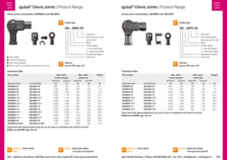 igubal®
clevis
joints

igubal® Clevis Joints | Product Range

igubal®
clevis
joints

igubal® Clevis Joints | Product Range

Clevis joints combination: GERMKE and GELMKE

Clevis joints combination: GERMFE and GELMFE

Order key

Order key

GE…MKE-05

GE…MFE-05
Dimension
With clevis pin, circlip
and rod end
Metric
Thread design
L = left-hand thread
R = right-hand thread
Dimensional series E
Clevis joint

	 Light weight
	 Corrosion resistance
	 High tensile strength
	 Can be used in combination with series E rod ends

Material:
igumid G

Dimension
With spring-loaded
fixing clip and rod end
Metric
Thread design
L = left-hand thread
R = right-hand thread
Dimensional series E
Clevis joint
Material:
igumid G

page 1267

Technical Data

page 1267

Technical Data

Part number

Max. static
tensile strength

Max. static
radial load

Weight

Part number

Short term
Right-hand thread

Left-hand thread

GERMKE-05
GERMKE-06
GERMKE-08
GERMKE-10
GERMKE-10 F
GERMKE-12
GERMKE-12 F
GERMKE-15
GERMKE-16
GERMKE-16 F
GERMKE-17
GERMKE-17 F
GERMKE-20
GERMKE-20 M20

GELMKE-05
GELMKE-06
GELMKE-08
GELMKE-10
GELMKE-10 F
GELMKE-12
GELMKE-12 F
GELMKE-15
GELMKE-16
GELMKE-16 F
GELMKE-17
GELMKE-17 F
GELMKE-20
GELMKE-20 M20

Long term

Short term

Long term

[N]

[N]

[N]

[N]

[g]

Right-hand thread

900
1,300
2,000

450
650
1,000

150
200
450

75
100
225

6.4
7.3
14.6

2,300
2,300
3,300
3,300
2,800
5,000
5,000
3,600
3,600
7,200
7,200

1,150
1,150
1,650
1,650
1,400
2,500
2,500
1,800
1,800
3,600
3,600

500
500
550
550
800
850
850
1,100
1,100
1,800
1,800

250
250
275
275
400
425
425
550
550
900
900

27.1
27.1
42.7
42.7
68.4
86.9
86.9
98.3
98.3
175.2
175.2

GERMFE-05
GERMFE-06
GERMFE-08
GERMFE-10
GERMFE-10 F
GERMFE-12
GERMFE-12 F
GERMFE-16
GERMFE-16 F

Max. static
tensile strength

Max. static
radial load

Weight

Short term

Long term

Short term

Long term

Left-hand thread

[N]

[N]

[N]

[N]

[g]

GELMFE-05
GELMFE-06
GELMFE-08
GELMFE-10
GELMFE-10 F
GELMFE-12
GELMFE-12 F
GELMFE-16
GELMFE-16 F

900
1,300
2,000

450
650
1,000

150
200
450

75
100
225

7.0
7.9
15.9

2,300
2,300
3,300
3,300
5,000
5,000

1,150
1,150
1,650
1,650
2,500
2,500

500
500
550
550
850
850

250
250
275
275
425
425

29.2
29.2
46.0
46.0
94.4
94.4

Clevis joints with spring-loaded fixing clip can be used in combination with series E rod ends
EBRM and EARM page 730–733

Clevis joints with spring-loaded fixing clip can be used in combination with series E rod ends
EBRM and EARM page 730–733

delivery from stock
time

prices price list online

758 Lifetime calculation, CAD files and much more support

www.igus.eu/eu/germke

www.igus.eu/eu/clevis

delivery from stock
time

prices price list online
www.igus.eu/eu/germfe

igus® GmbH Germany  |  Phone +49 2203 9649-145 Fax -334  |  info@igus.de  |  www.igus.eu

759

 
