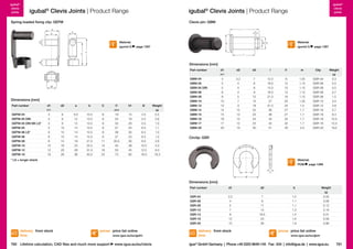 igubal®
clevis
joints

igubal® Clevis Joints | Product Range

igubal®
clevis
joints

igubal® Clevis Joints | Product Range

Spring-loaded fixing clip: GEFM

Clevis pin: GBM
I

a

m

C

b

page 1267

l1

page 1267
I1

I2

h1

d1

Material:
igumid G

d1

d2

d3

Material:
igumid G

Dimensions [mm]
Part number

d1

d2

d3

I

l1

m

Clip

Weight

h11

[g]

GBM-04

Dimensions [mm]
Part number

d1

d2

a

b

C

h11

l1

h1

l2

±0.5

Weight
[g]

GEFM-04

4

8

9.5

10.5

8

19

15

4.5

0.5

GEFM-05 DIN
GEFM-05 DIN M5 LS*
GEFM-05
GEFM-06 LS*
GEFM-06
GEFM-08
GEFM-10
GEFM-12
GEFM-16

5
5
5
6
6

9
9
10
10
10

12
12
14
14
14

13.5
13.5
15.5
15.5
15.5

8
8
8
8
8

23
33
27
39
27

19
29
23
35
23

5.5
5.5
6.5
6.5
6.5

0.8
1.0
1.1
1.0
1.2

8
10
12
16

14
18
20
26

19
23
28
36

21.0
25.5
31.0
40.0

11
14
16
22

35.5
45
53
73

30
38
45
62

8.0
10.0
12.0
16.0

2.8
5.0
8.3
18.3

3.2

7

12.5

8

1.05

GSR-04

0.3

GBM-05
GBM-05 DIN
GBM-06

d2

4
5
5
6
8
10

4
4
4
5
7

8
8
9
12
15

16.5
14.5
16.5
21.5
27

12
10
12
16
20

1.15
1.15
1.15
1.15
1.35

GSR-06
GSR-06
GSR-06
GSR-08
GSR-10

0.5
0.5
0.7
1.5
3.0

12
14
15
16
17
20

9
12
12
12
12
15

18
22
23
24
25
30

31.5
36
36
42
42
51

24
27
27
32
32
40

1.5
1.7
1.7
1.7
1.7
2.0

GSR-12
GSR-16
GSR-16
GSR-16
GSR-16
GSR-20

4.8
5.7
8.3
10.4
12.3
19.2

GBM-08
GBM-10
GBM-12
GBM-14
GBM-15
GBM-16
GBM-17
GBM-20

Circlip: GSR

* LS = longer shank

Material:
POM page 1268
b

d1
d2

Dimensions [mm]
Part number

d1

d2

b

Weight

GSR-04

3.2

7

1.0

0.05

GSR-06
GSR-08
GSR-10
GSR-12
GSR-16
GSR-20

4
5
7
9
12
15

9
11
14
18.5
23
28

1.1
1.1
1.3
1.4
1.6
1.9

0.06
0.12
0.16
0.31
0.58
0.96

[g]

delivery from stock
time

prices price list online

760 Lifetime calculation, CAD files and much more support

www.igus.eu/eu/gefm

www.igus.eu/eu/clevis

delivery from stock
time

prices price list online
www.igus.eu/eu/gbm

igus® GmbH Germany  |  Phone +49 2203 9649-145 Fax -334  |  info@igus.de  |  www.igus.eu

761

 