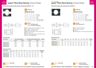 igubal®
pillow block
bearings

igubal® Pillow Block Bearing | Product Range

igubal Pillow Block Bearing | Product Range

Pillow block bearing with split housing and split ball: ESTM-GT…-GT

Pillow block bearing with cylindrical bore: ESTM-GT

Order key

Order key

ESTM-GT16-GT

ESTM-GT16-25
Split ball
Dimension
Split
Metric
Pillow block bearing
Dimensional series E

m

h

m

h

R

	 Save time during assembly and disassembly of shafts
	 ow installation space and low weight
L
	 High stiffness and fatigue strength
	 Spherical ball material iglidur® J for low moisture absorption
	 Ideal for outdoor use
	 Dimensional series E according to standard DIN ISO 12240
	 Adapter available page 776

h2

d2

Technical Data

1

d1

a

	 Easy to assemble/disassemble
	 Ideal for outside applications
	 High loads
	 Dimensional series E according to standard DIN ISO 12240

d3

h2

a

page 1267

C1

1

d1

Material:
igumid G

h1

page 1268
Spherical ball: iglidur® J page 822

B
R

Diameter
Dimension
Split
Metric
Pillow block bearing
Dimensional series E

Material:
Housing: RN33

h1

igubal®
pillow block
bearings

New in this catalog!
®

d2

Dimensions [mm]

Part number

max. static radial load

max. static radial compressive force

Weight

Part number

d1

d2

d3

h

h1

h2

a

m

C1

R1

Weight

Short term

Long term

Short term

Long term

[N]

[N]

[N]

[N]

[g]

ESTM-GT16-25 New!

25.0

6.6

10.6

34.0

14.0

6.4

50.0 

37.0

13.0

6.5

12.6

ESTM-GT16-GT

2,500

1,250

4,000

2,000

18.0

ESTM-GT20-GT
ESTM-GT25-GT
ESTM-GT30-GT

3,500
5,000
5,500

1,750
2,500
2,750

6,000
7,000
10,000

3,000
3,500
5,000

28.0
52.0
84.0

ESTM-GT20-30 New!
ESTM-GT25-35 New!
ESTM-GT30-40 New!

30.0
35.0
40.0

9.0
9.0
11.0

14.0
14.0
17.0

40.0
48.0
56.0

20.0
24.0
28.0

8.6
8.6
10.6

62.0 
72.0 
86.0 

46.0
54.0
64.0

16.0
20.0
22.0

8.0
9.0
11.0

21.1
39.9
66.5

E10

[g]

Dimensions [mm]
Part number

d1

d2

d3

h

h1

h2

a

m

C1

B

R1

Max. pivot
angle

E10

ESTM-GT16-GT

16.0

6,6

10.6

34.0

17.0

6.4

50.0 

37.0

13.0

13.0

6.5

22°

ESTM-GT20-GT
ESTM-GT25-GT
ESTM-GT30-GT

20.0
25.0
30.0

9,0
9,0
11.0

14.0
14.0
17.0

40.0
48.0
56.0

20.0
24.0
28.0

8.6
8.6
10.6

62.0 
72.0 
86.0 

46.0
54.0
64.0

16.0
18.0
22.0

16.0
20.0
22.0

8.0
9.0
11.0

22°
22°
22°

delivery from stock
time

prices price list online

772 Lifetime calculation, CAD files and much more support

www.igus.eu/eu/estm-gt

www.igus.eu/eu/pillow-block

delivery from stock
time

prices price list online
www.igus.eu/eu/estm-gt

igus® GmbH Germany  |  Phone +49 2203 9649-145 Fax -334  |  info@igus.de  |  www.igus.eu

773

 