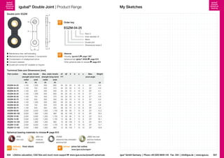 igubal®
pressfit
spherical
bearing

igubal® Double Joint | Product Range

Double joint: EGZM

My Sketches

igubal®
pressfit
spherical
bearing

c

d1

Order key

EGZM-04-25
x

a

Pitch X
Inner diameter d1
Metric
Double joint
Dimensional series E
b

d2

	 Maintenance-free, self-lubricating
	 Mechanical joining link between 2 components
	 Compensation of misalignment errors
	Corrosion-resistant
	 Double joint turned 90° available on request

Material:
Housing: igumid G

page 1267
Spherical ball: iglidur® W300 page 819
Other spherical balls on request page 815

Technical Data and Dimensions [mm]
Part number

Max. static tensile
Max. static tensile
strength (short term) strength (long term)

d1

d2

X

b

a

c

E10

Max.
Weight
pivot angle

radial

axial

radial

axial

[N]

[N]

[N]

[N]

EGZM-04-25

1,100

1,300

550

650

04

20

25

4

10

5

32°

3.5

EGZM-04-50
EGZM-04-75
EGZM-05-25
EGZM-05-50
EGZM-05-75
EGZM-06-25
EGZM-06-50
EGZM-06-75
EGZM-08-60
EGZM-08-100
EGZM-10-60
EGZM-10-85

1,100
1,100
1,100
1,100
1,100
1,100
1,100
1,100
3,000
3,000
2,500
2,500

750
500
1,300
750
500
1,300
750
500
3,500
1,900
3,500
2,300

550
550
550
550
550
550
550
550
1,500
1,500
1,250
1,250

375
250
650
375
250
650
375
250
1,750
950
1,750
1,150

04
04
05
05
05
06
06
06
08
08
10
10

20 50
20 75
20 25
20 50
20 75
20 25
20 50
20 75
30 60
30 100
30 60
30 85

4
4
4
4
4
4
4
4
7
7
7
7

10
10
10
10
10
10
10
10
15
15
15
15

5
5
6
6
6
6
6
6
8
8
9
9

32°
32°
37°
37°
37°
30°
30°
30°
20°
20°
25°
25°

4.8
6.1
2.2
4.9
6.3
3.4
4.8
3.4
15.2
19.5
15.3
18.1

EGZM-10-100

2,500

1,900

1,250

950

10

30 100

7

15

9

25°

19.4

EGZM-12-60
EGZM-12-100

2,000
2,500

3,500
1,900

1,000
1,000

1,750
950

12
12

30 60
30 100

7
7

15
15

10
10

25°
25°

14.7
18.8

Spherical bearing materials to choose
REM:
low-cost

delivery from stock
time

JEM: low
moisture
absorption

[g]

page 815
J4VEM:
clearance-free preloaded
spherical ball

J4EM: low-cost
and low moisture
absorption

prices price list online

806 Lifetime calculation, CAD files and much more support

www.igus.eu/eu/egzm

www.igus.eu/eu/pressfit-sphericals

igus® GmbH Germany  |  Phone +49 2203 9649-145 Fax -334  |  info@igus.de  |  www.igus.eu

807

 