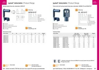 igubal®
detectable

igubal® detectable | Product Range

igubal® detectable | Product Range

Spring-loaded fixing clip, detectable: GEFM-DT

Clevis joints with spring-loaded fixing clips, detectable: GERMF-DT and GELMF-DT

d1

I2

Order key

GEFM-04-DT

a

b

d2

Order key

GE…MF-04-DT

C

detectable
Dimension
Metric
Spring loaded pin
Dimensional series E
Clevis joint

h1
l1

	Detectable
	 Insensitive to dust and dirt
	 Maintenance-free and lubricant-free
	 Vibration dampening
	 Light weight

detectable
Dimension
Spring loaded pin
Metric
Thread
L = left-hand thread
R = right-hand thread
Dimensional series E
Clevis joint

	Detectable
	 Insensitive to dust and dirt
	 Maintenance-free and lubricant-free
	 Vibration dampening
	 Light weight

Material:
RN246 page 1269

Dimensions [mm]
Part number

igubal®
detectable

Material:
RN246 page 1269

Technical Data
d1

d2

a

b

c

l1

h1

l2

±0.5

Weight

Part number

Max. static
tensile strength

[g]

GEFM-04-DT

4

8

9.5

10.5

8

19

15

4.5

0.5

GEFM-05-DT
GEFM 06-DT
GEFM-08-DT
GEFM-10-DT
GEFM-12-DT

5
6
8
10
12

10
10
14
18
20

14
14
19
23
28

15.5
15.5
21.0
25.5
31.0

8
8
11
14
16

27
27
35.5
45
53

23
23
30
38
45

6.5
6.5
8.0
10.0
12.0

1.1
1.2
2.8
5.0
8.3

Max. static
radial load

Short term

Long term

Short term

Weight

Long term

Right-hand thread

Left-hand thread

[N]

[N]

[N]

[N]

[g]

GERMF-04-DT

GELMF-04-DT

350

175

175

87.5

1.3

GERMF-05-DT

GELMF-05-DT

630

315

175

87.5

3.8

GERMF-06-DT
GERMF-08-DT
GERMF-10-DT
GERMF-10-DT-F
GERMF-12-DT
GERMF-12-DT-F

GELMF-06-DT
GELMF-08-DT
GELMF-10-DT
GELMF-10-DT-F
GELMF-12-DT
GELMF-12-DT-F

910
1,470
2,100
2,100
2,450
2,450

455
735
1,050
1,050
1,225
1,225

210
455
560
560
630
630

105
227.5
280
280
315
315

3.9
9.1
18.2
18.2
28.6
28.6

Individual components: Clevis joint GERM-DT and spring-loaded fixing clip GEFM-DT
page 834 and 836

delivery from stock
time

prices price list online

836 Lifetime calculation, CAD files and much more support

www.igus.eu/eu/gefm-dt

www.igus.eu/eu/detectable

delivery from stock
time

prices price list online
www.igus.eu/eu/germf-dt

igus® GmbH Germany  |  Phone +49 2203 9649-145 Fax -334  |  info@igus.de  |  www.igus.eu

837

 