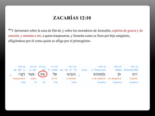 ZACARÍAS 12:10
10 Y derramaré sobre la casa de David, y sobre los moradores de Jerusalén, espíritu de gracia y de
oración; y mirarán a mí, a quien traspasaron, y llorarán como se llora por hijo unigénito,
afligiéndose por él como quien se aflige por el primogénito.
 
