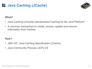 © 2016 Hazelcast Inc. Confidential & Proprietary ‹#›
Java Caching (JCache)
What?
• Java Caching (JCache) standardized Caching for the Java Platform*
• A common mechanism to create, access, update and remove
information from Caches
How?
• JSR-107: Java Caching Specification (JCache)
• Java Community Process (JCP) 2.9
 