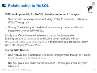 © 2016 Hazelcast Inc. Confidential & Proprietary ‹#›
Relationship to NoSQL
Difficult/Impossible for NoSQL to fully implement the spec
• Server Side code execution including: Entry Processors, Listeners,
Write-Through etc.
• Strong Consistency is the default consistency model and is not
supported by most/all NoSQL.
Likely that Couchbase will release a partial implementation
leaving out EntryProcessor and some other methods with an
UnsupportedOperationException if these methods are called. They
have Developer Preview 2 out.
Using With NoSQL
• Use NoSQL like a database and read-through/write-though to it using
CacheLoader/CacheWriter.
• NoSQL gives you scale our persistence - cache gives you very low
latencies
 