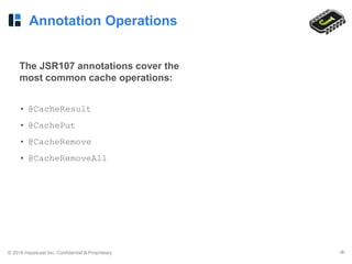 © 2016 Hazelcast Inc. Confidential & Proprietary ‹#›
Annotation Operations
The JSR107 annotations cover the
most common cache operations:
• @CacheResult
• @CachePut
• @CacheRemove
• @CacheRemoveAll
 