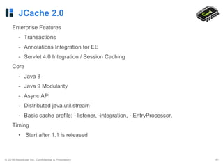 © 2016 Hazelcast Inc. Confidential & Proprietary ‹#›
JCache 2.0
Enterprise Features
- Transactions
- Annotations Integration for EE
- Servlet 4.0 Integration / Session Caching
Core
- Java 8
- Java 9 Modularity
- Async API
- Distributed java.util.stream
- Basic cache profile: - listener, -integration, - EntryProcessor.
Timing
• Start after 1.1 is released
 