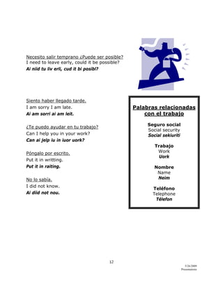 12 
5/26/2009
Presentations 
 
Necesito salir temprano ¿Puede ser posible?
I need to leave early, could it be possible?
Ai niid tu liv erli, cud it bi posibl?
Siento haber llegado tarde.
I am sorry I am late.
Ai am sorri ai am leit.
¿Te puedo ayudar en tu trabajo?
Can I help you in your work?
Can ai jelp iu in iuor uork?
Póngalo por escrito.
Put it in writting.
Put it in raiting.
No lo sabía.
I did not know.
Ai diid not nou.
Palabras relacionadas
con el trabajo
Seguro social
Social security
Social sekiuriti
Trabajo
Work
Uork
Nombre
Name
Neim
Teléfono
Telephone
Télefon
 