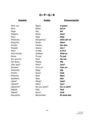 19 
5/26/2009
Presentations 
 
O • P • Q • R
Español Inglés Pronunciación
Otra vez Again A-guein
Otro Other Ad-er
Paga Pay Pei
Palabra Word Uord
Para Stop Stop
Peligroso Dangerous Dein-yer-us
Pequeño Small Smol
Perdón Pardon Par-don
Pesado Heavy Jev-i
Poco A little A lit-tl
Poco hondo Shallow Chal-ou
Poner To put Tu put
Por encima Over Ou-ver
Por favor. Please Plis
¿Por qué? Why? Juai?
Prender Turn on Tern on
Profundo Deep Dip
Pronto Quick Cuik
Próximo Next Next
Quédese Stay Stei
¿Qué? What? Juat?
¿Quién? Who? Juu?
¿Quieres? Do you want? Du iu uant?
Rápido Fast Fast
Rápido Quick Cuik
Recuerda Remember Ri-mem-ber
 