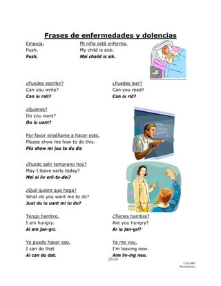 23-24 
5/26/2009
Presentations 
 
Frases de enfermedades y dolencias
Empuja. Mi niña está enferma.
Push. My child is sick.
Push. Mai chaild is sik.
¿Puedes escribir? ¿Puedes leer?
Can you write? Can you read?
Can iu rait? Can iu rid?
¿Quieres?
Do you want?
Du iu uant?
Por favor enséñame a hacer esto.
Please show me how to do this.
Plis show mi jou tu du dis
¿Puedo salir temprano hoy?
May I leave early today?
Mei ai liv erli-tu-dei?
¿Qué quiere que haga?
What do you want me to do?
Juat du iu uant mi tu du?
Tengo hambre. ¿Tienes hambre?
I am hungry. Are you hungry?
Ai am jan-gri. Ar iu jan-gri?
Yo puedo hacer eso. Ya me voy.
I can do that I’m leaving now.
Ai can du dat. Aim liv-ing nou.
 