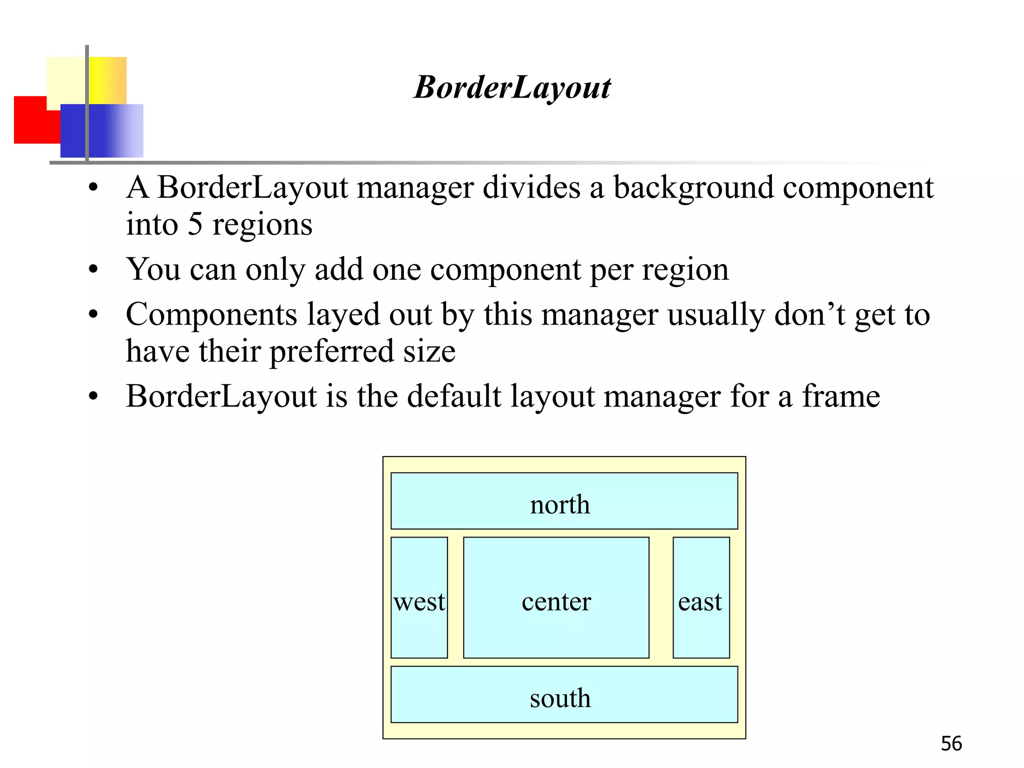 56
BorderLayout
• A BorderLayout manager divides a background component
into 5 regions
• You can only add one component per region
• Components layed out by this manager usually don’t get to
have their preferred size
• BorderLayout is the default layout manager for a frame
north
south
west east
center
 