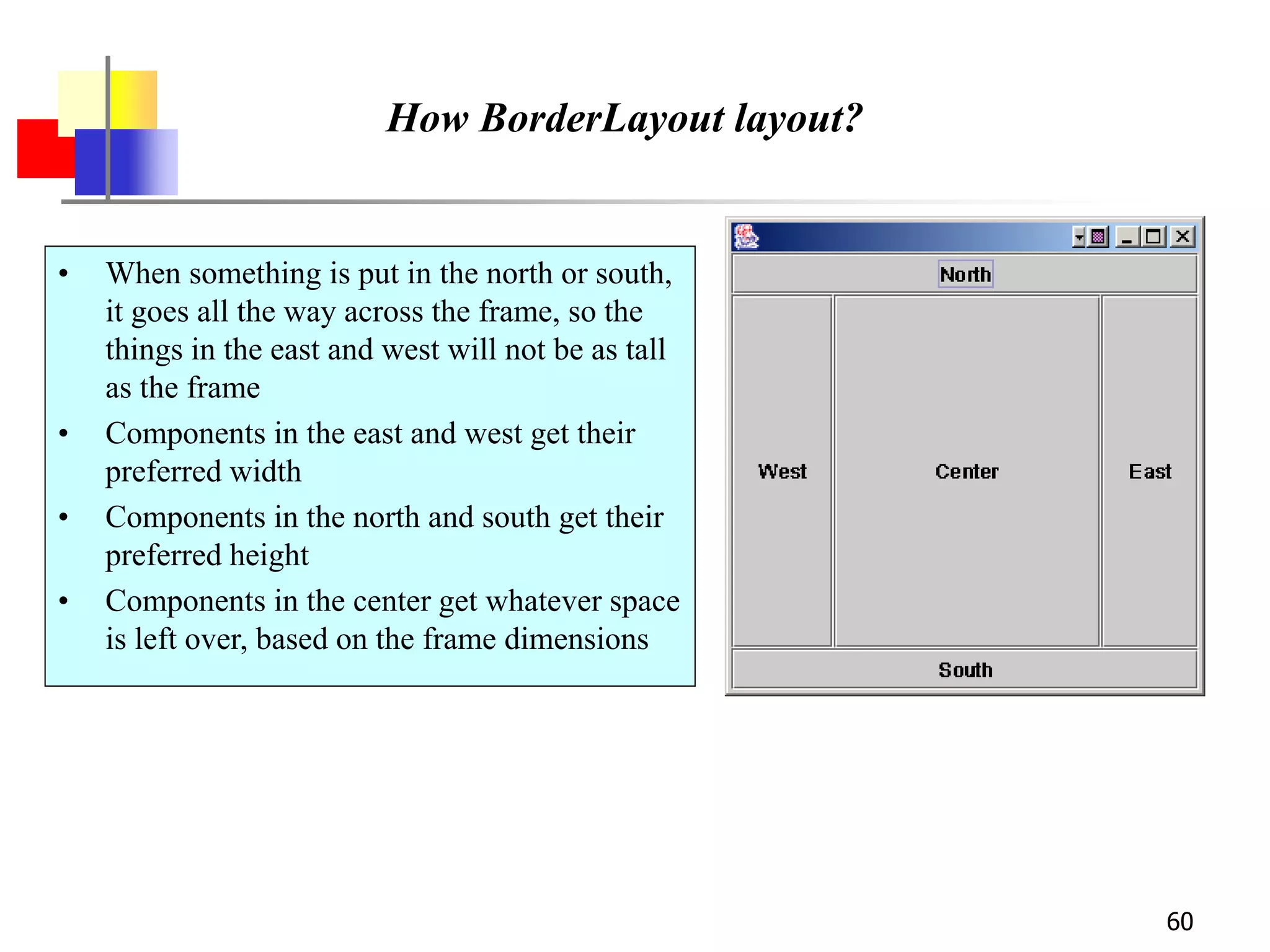 60
How BorderLayout layout?
• When something is put in the north or south,
it goes all the way across the frame, so the
things in the east and west will not be as tall
as the frame
• Components in the east and west get their
preferred width
• Components in the north and south get their
preferred height
• Components in the center get whatever space
is left over, based on the frame dimensions
 