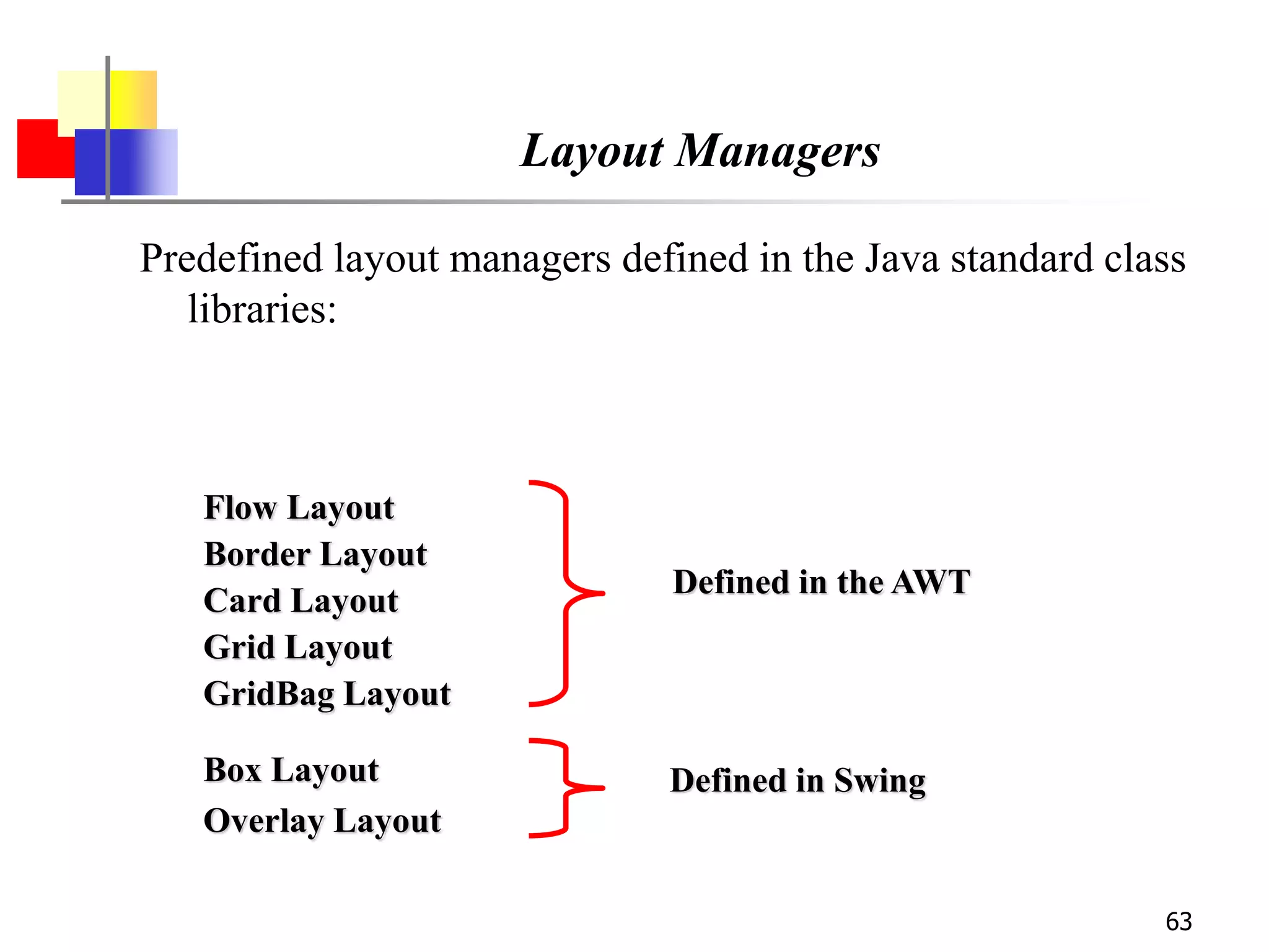 63
Layout Managers
Predefined layout managers defined in the Java standard class
libraries:
Defined in the AWT
Defined in Swing
Flow Layout
Border Layout
Card Layout
Grid Layout
GridBag Layout
Box Layout
Overlay Layout
 