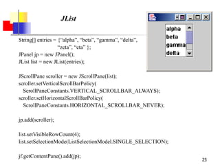 25
JList
String[] entries = {“alpha”, “beta”, “gamma”, “delta”,
“zeta”, “eta” };
JPanel jp = new JPanel();
JList list = new JList(entries);
JScrollPane scroller = new JScrollPane(list);
scroller.setVerticalScrollBarPolicy(
ScrollPaneConstants.VERTICAL_SCROLLBAR_ALWAYS);
scroller.setHorizontalScrollBarPolicy(
ScrollPaneConstants.HORIZONTAL_SCROLLBAR_NEVER);
jp.add(scroller);
list.setVisibleRowCount(4);
list.setSelectionMode(ListSelectionModel.SINGLE_SELECTION);
jf.getContentPane().add(jp);
 