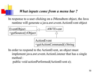 50
What inputs come from a menu bar ?
In response to a user clicking on a JMenuItem object, the Java
runtime will generate a java.awt.event.ActionEvent object
In order to respond to the ActionEvent, an object must
implement java.awt.event.ActionListener that has a single
method :
public void actionPerformed(ActionEvent e);
EventObject
+getSource():Object
AWTEvent
ActionEvent
+getActionCommand():String
 