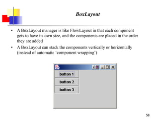 58
BoxLayout
• A BoxLayout manager is like FlowLayout in that each component
gets to have its own size, and the components are placed in the order
they are added
• A BoxLayout can stack the components vertically or horizontally
(instead of automatic ‘component wrapping’)
 
