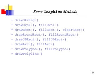 67
Some Graphics Methods
• drawString()
• drawOval(), fillOval()
• drawRect(), fillRect(), clearRect()
• drawRoundRect(), fillRoundRect()
• draw3DRect(), fill3DRect()
• drawArc(), fillArc()
• drawPolygon(), fillPolygon()
• drawPolyline()
 