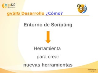gvSIG Desarrollo ¿Cómo?
Herramienta
para crear
nuevas herramientas
Entorno de Scripting
 