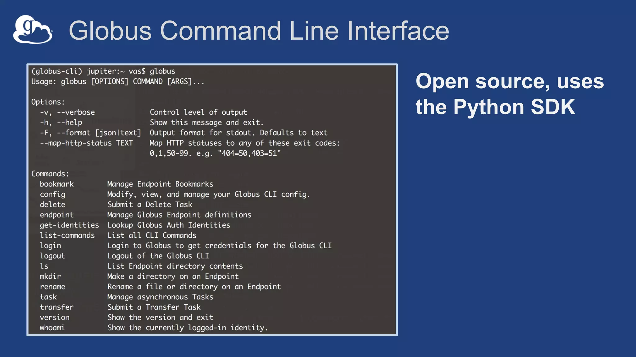 Globus Command Line Interface
Open source, uses
the Python SDK
 