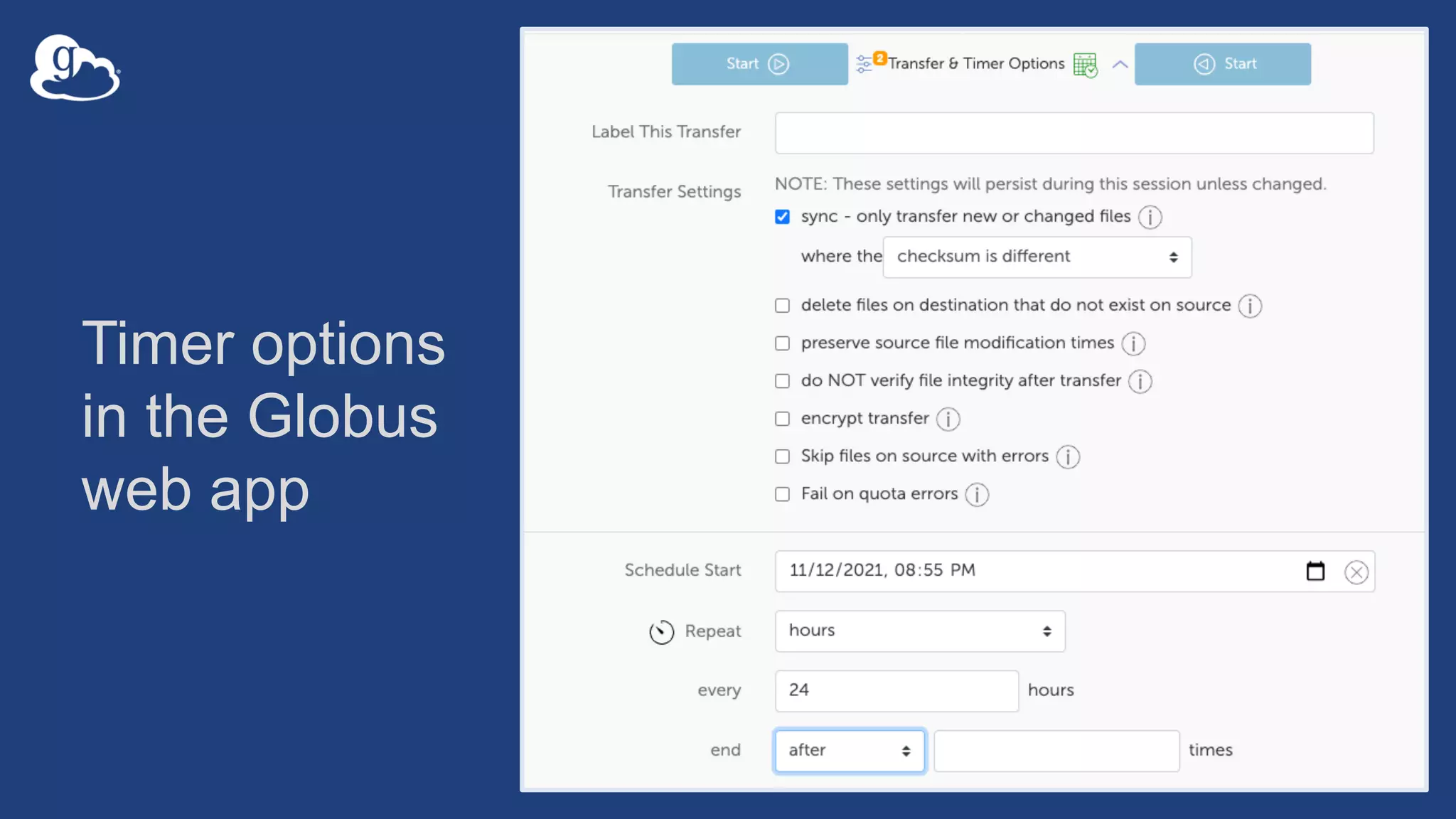 Timer options
in the Globus
web app
 