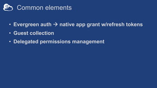 Common elements
• Evergreen auth à native app grant w/refresh tokens
• Guest collection
• Delegated permissions management
 