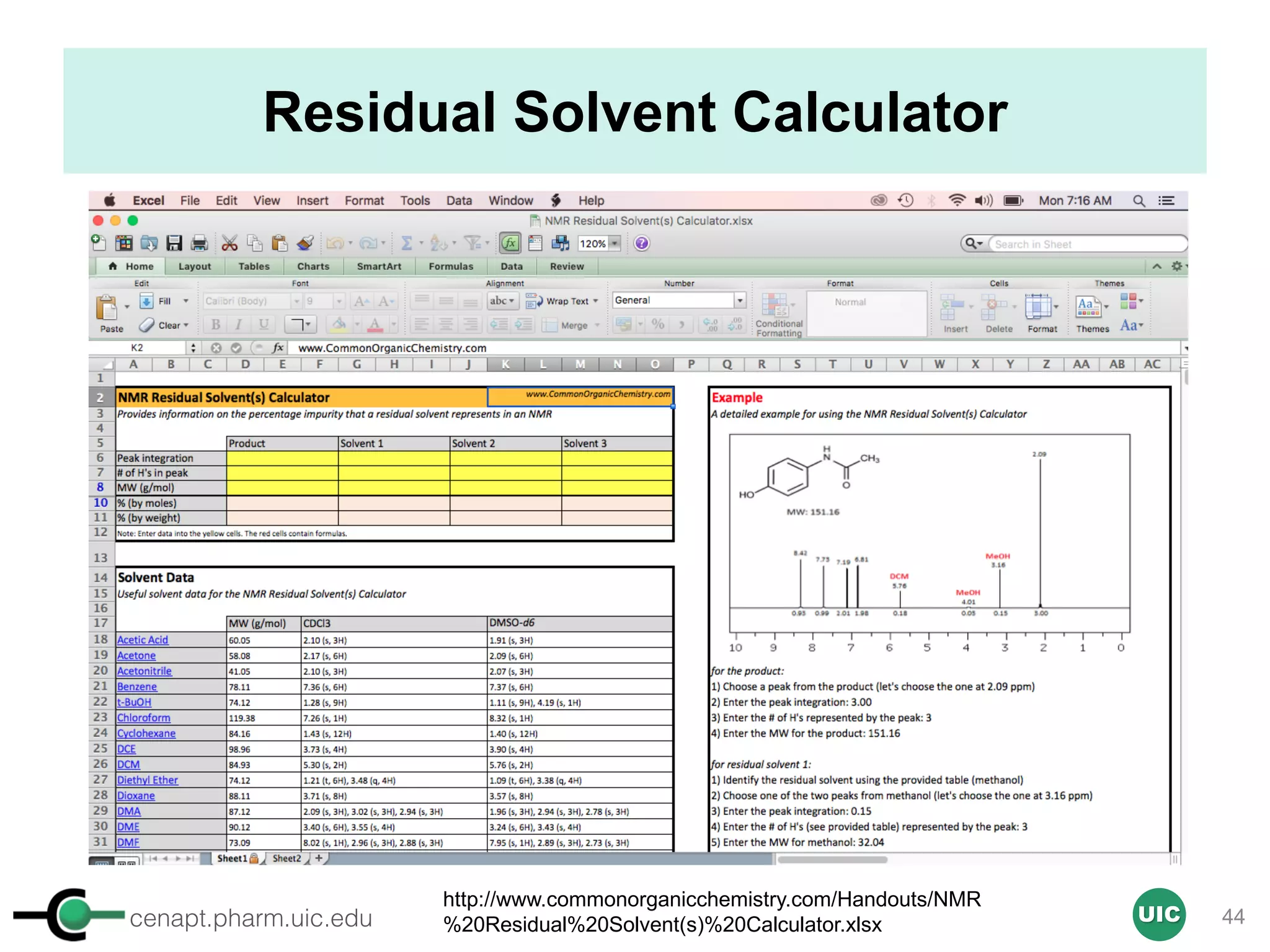 cenapt.pharm.uic.edu UIC
Residual Solvent Calculator
http://www.commonorganicchemistry.com/Handouts/NMR
%20Residual%20Solvent(s)%20Calculator.xlsx 44
 