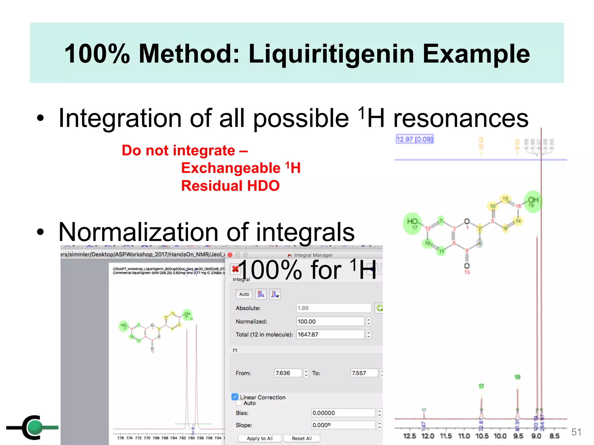 cenapt.pharm.uic.edu UIC
100% Method: Liquiritigenin Example
• Integration of all possible 1H resonances
• Normalization of integrals
100% for 1H
Do not integrate –
Exchangeable 1H
Residual HDO
51
 