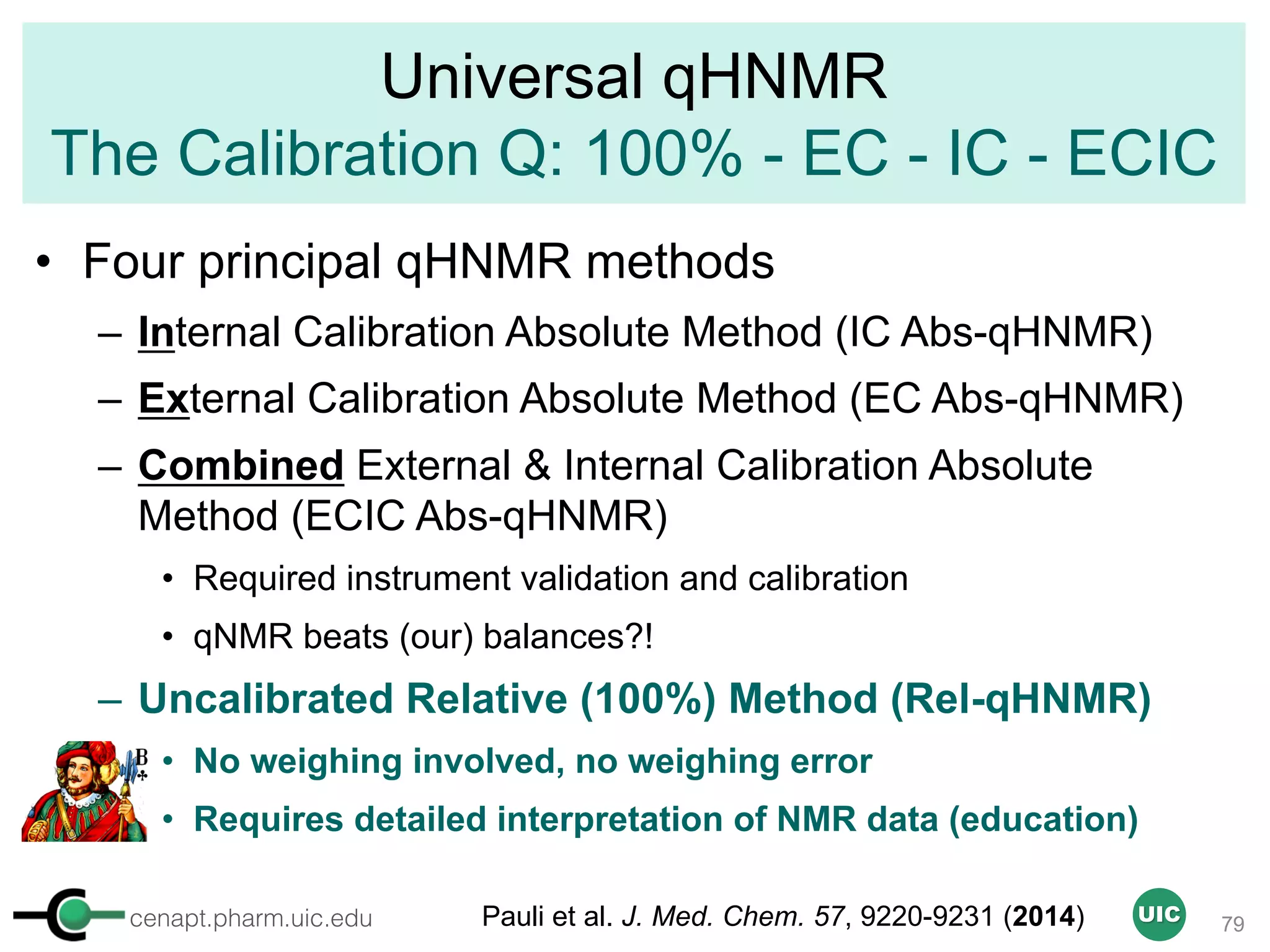 cenapt.pharm.uic.edu UIC
Universal qHNMR
The Calibration Q: 100% - EC - IC - ECIC
• Four principal qHNMR methods
– Internal Calibration Absolute Method (IC Abs-qHNMR)
– External Calibration Absolute Method (EC Abs-qHNMR)
– Combined External & Internal Calibration Absolute
Method (ECIC Abs-qHNMR)
• Required instrument validation and calibration
• qNMR beats (our) balances?!
– Uncalibrated Relative (100%) Method (Rel-qHNMR)
• No weighing involved, no weighing error
• Requires detailed interpretation of NMR data (education)
79Pauli et al. J. Med. Chem. 57, 9220-9231 (2014)
 
