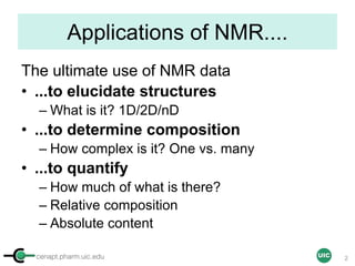 cenapt.pharm.uic.edu UIC
Applications of NMR....
The ultimate use of NMR data
• ...to elucidate structures
– What is it? 1D/2D/nD
• ...to determine composition
– How complex is it? One vs. many
• ...to quantify
– How much of what is there?
– Relative composition
– Absolute content
2
 