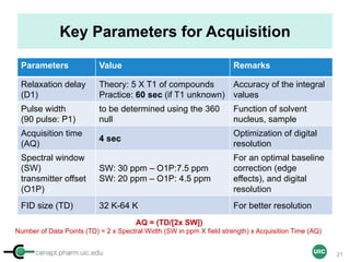 cenapt.pharm.uic.edu UIC
Key Parameters for Acquisition
Parameters Value Remarks
Relaxation delay
(D1)
Theory: 5 X T1 of compounds
Practice: 60 sec (if T1 unknown)
Accuracy of the integral
values
Pulse width
(90 pulse: P1)
to be determined using the 360
null
Function of solvent
nucleus, sample
Acquisition time
(AQ)
4 sec
Optimization of digital
resolution
Spectral window
(SW)
transmitter offset
(O1P)
SW: 30 ppm – O1P:7.5 ppm
SW: 20 ppm – O1P: 4.5 ppm
For an optimal baseline
correction (edge
effects), and digital
resolution
FID size (TD) 32 K-64 K For better resolution
AQ = (TD/[2x SW])
Number of Data Points (TD) = 2 x Spectral Width (SW in ppm X field strength) x Acquisition Time (AQ)
21
 