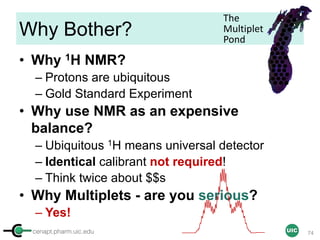 cenapt.pharm.uic.edu UIC
Why Bother?
• Why 1H NMR?
– Protons are ubiquitous
– Gold Standard Experiment
• Why use NMR as an expensive
balance?
– Ubiquitous 1H means universal detector
– Identical calibrant not required!
– Think twice about $$s
• Why Multiplets - are you serious?
– Yes!
74
The	
Multiplet
Pond
 