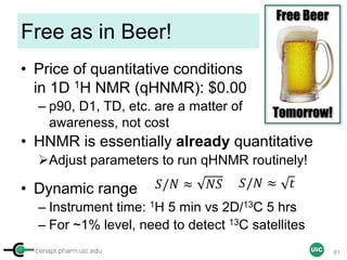 cenapt.pharm.uic.edu UIC
Free as in Beer!
• Price of quantitative conditions
in 1D 1H NMR (qHNMR): $0.00
– p90, D1, TD, etc. are a matter of
awareness, not cost
• HNMR is essentially already quantitative
ØAdjust parameters to run qHNMR routinely!
• Dynamic range
– Instrument time: 1H 5 min vs 2D/13C 5 hrs
– For ~1% level, need to detect 13C satellites
81
Free Beer
Tomorrow!
𝑆/𝑁 ≈ 𝑁𝑆 𝑆/𝑁 ≈ 𝑡
 