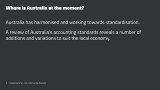 Where is Australia at the moment?
Australia has harmonised and working towards standardisation.
A review of Australia's accounting standards reveals a number of
additions and variations to suit the local economy.
3 Created by Dr G. L. Ilott, CQUniversity Australia
 