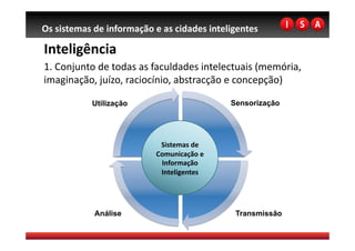 Os sistemas de informação e as cidades inteligentes 

Inteligência  
1. Conjunto de todas as faculdades intelectuais (memória, 
imaginação, juízo, raciocínio, abstracção e concepção) 

           Utilização                       Sensorização




                            Sistemas de 
                           Comunicação e 
                            Informação 
                            Inteligentes 




            Análise                           Transmissão
 
