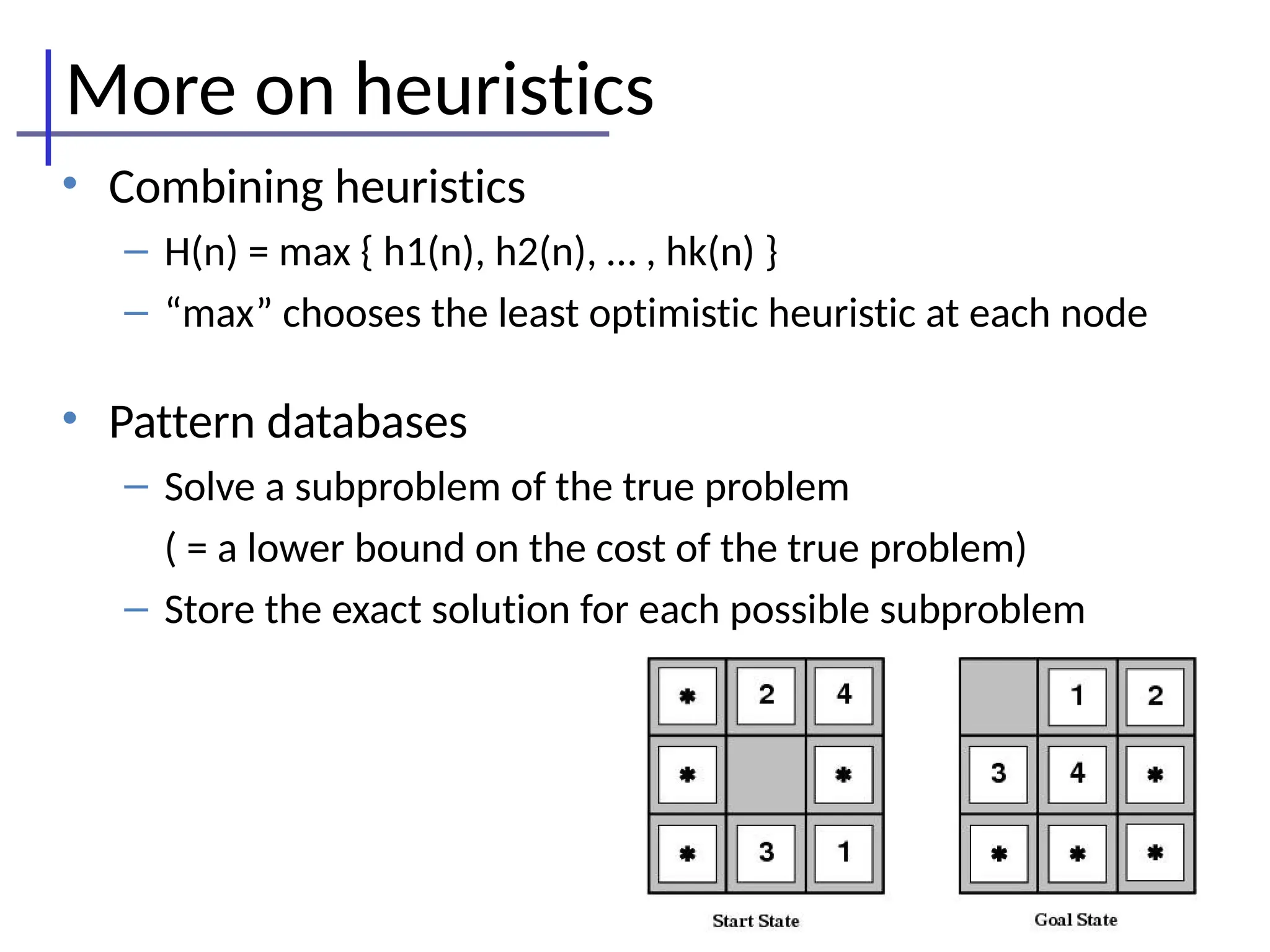 More on heuristics
• Combining heuristics
– H(n) = max { h1(n), h2(n), … , hk(n) }
– “max” chooses the least optimistic heuristic at each node
• Pattern databases
– Solve a subproblem of the true problem
( = a lower bound on the cost of the true problem)
– Store the exact solution for each possible subproblem
 