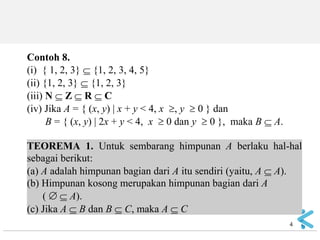 Contoh 
4 
(i) { 1, 2, 3}  {1, 2, 3, 4, 5} (ii) {1, 2, 3}  {1, 2, 3} (iii) N  Z  R  C (iv) Jika A = { (x, y) | x + y < 4, x , y  0 } dan B = { (x, y) | 2x + y < 4, x  0 dan y  0 }, maka B  A. TEOREMA 1. Untuk sembarang himpunan A berlaku hal-hal sebagai berikut: (a) A adalah himpunan bagian dari A itu sendiri (yaitu, A  A). (b) Himpunan kosong merupakan himpunan bagian dari A (   A). (c) Jika A  B dan B  C, maka A  C  
