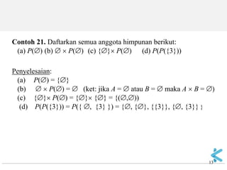 13 
Contoh 21. Daftarkan semua anggota himpunan berikut: (a) P() (b)   P() (c) {} P() (d) P(P({3})) Penyelesaian: (a) P() = {} (b)   P() =  (ket: jika A =  atau B =  maka A  B = ) (c) {} P() = {} {} = {(,)) (d) P(P({3})) = P({ , {3} }) = {, {}, {{3}}, {, {3}} }  