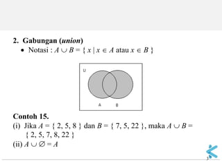 3 
2. Gabungan (union)  Notasi : A  B = { x  x  A atau x  B } Contoh 15. (i) Jika A = { 2, 5, 8 } dan B = { 7, 5, 22 }, maka A  B = { 2, 5, 7, 8, 22 } (ii) A   = A  
